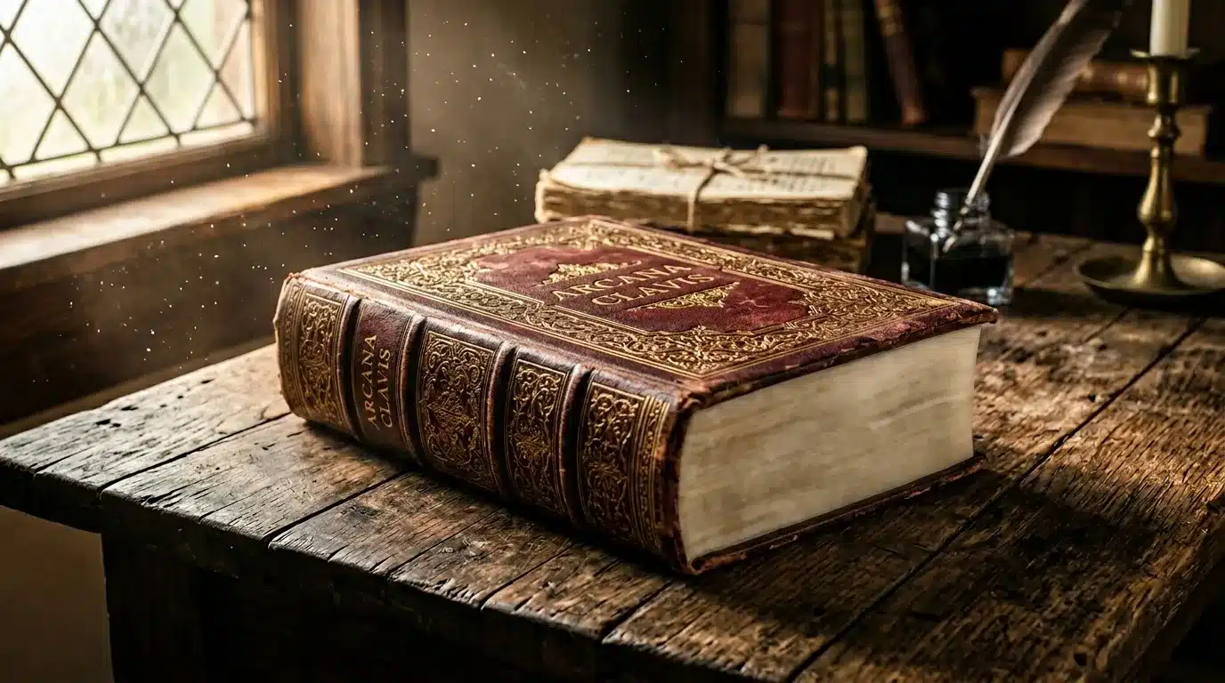 Livre ancien relié cuir or sur bureau bois poussièreux
