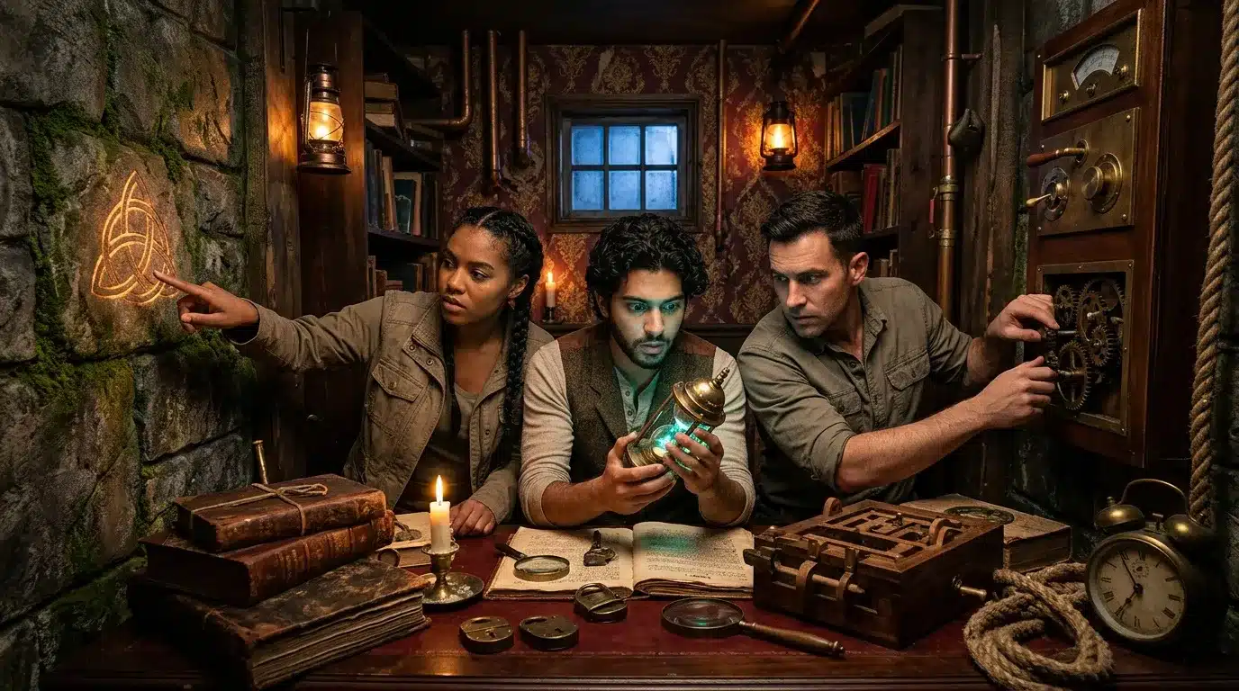 Trois aventuriers explorent une salle remplie d'énigmes et d'artefacts antiques.