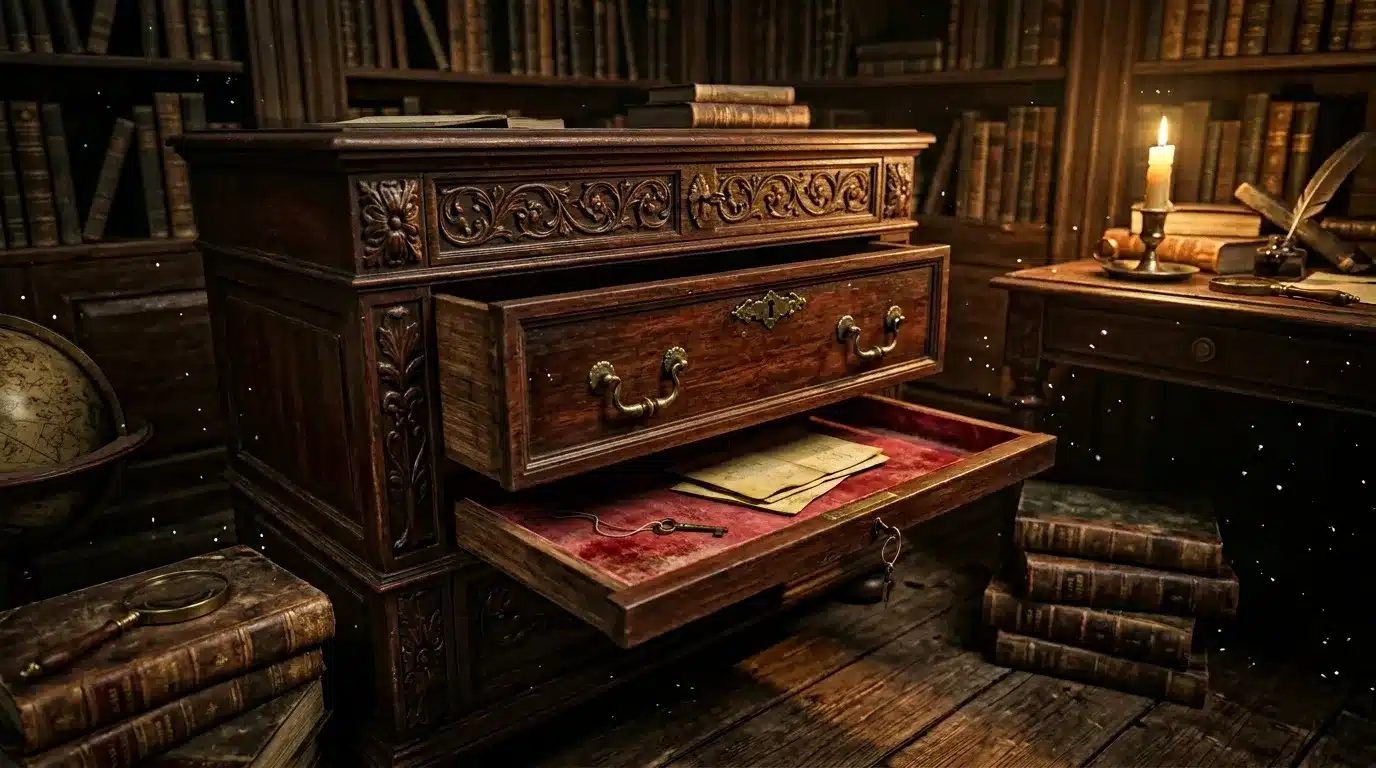 Bureau Renaissance en bois sculpté, tiroirs ouverts, bibliothèque éclairée.