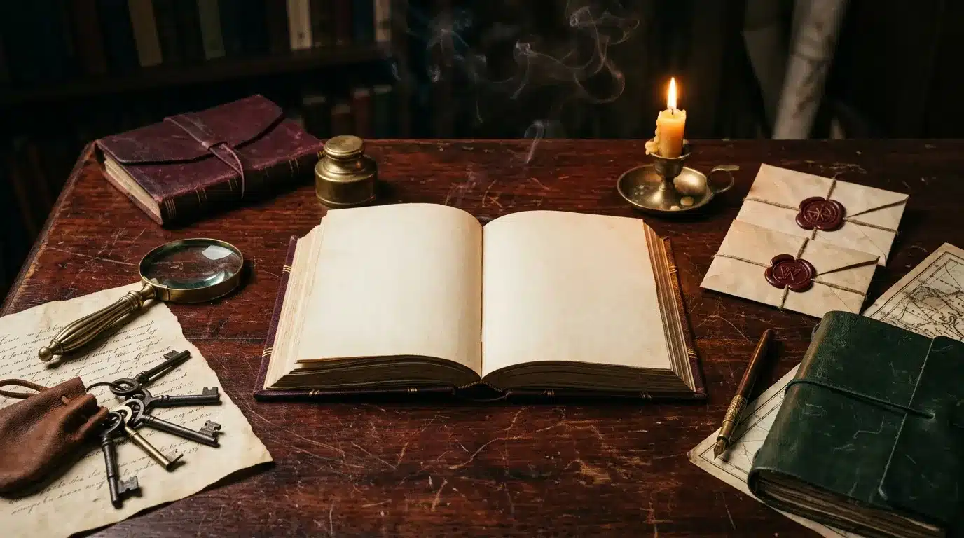 Livre ouvert sur bureau ancien avec chandelle et clés