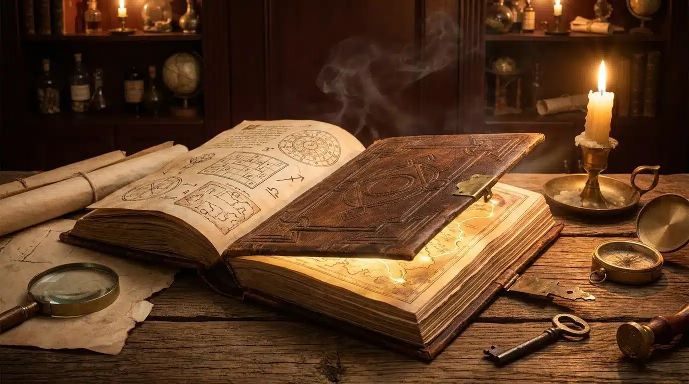 Livres anciens, chandelle et instruments scientifiques sur bureau en bois