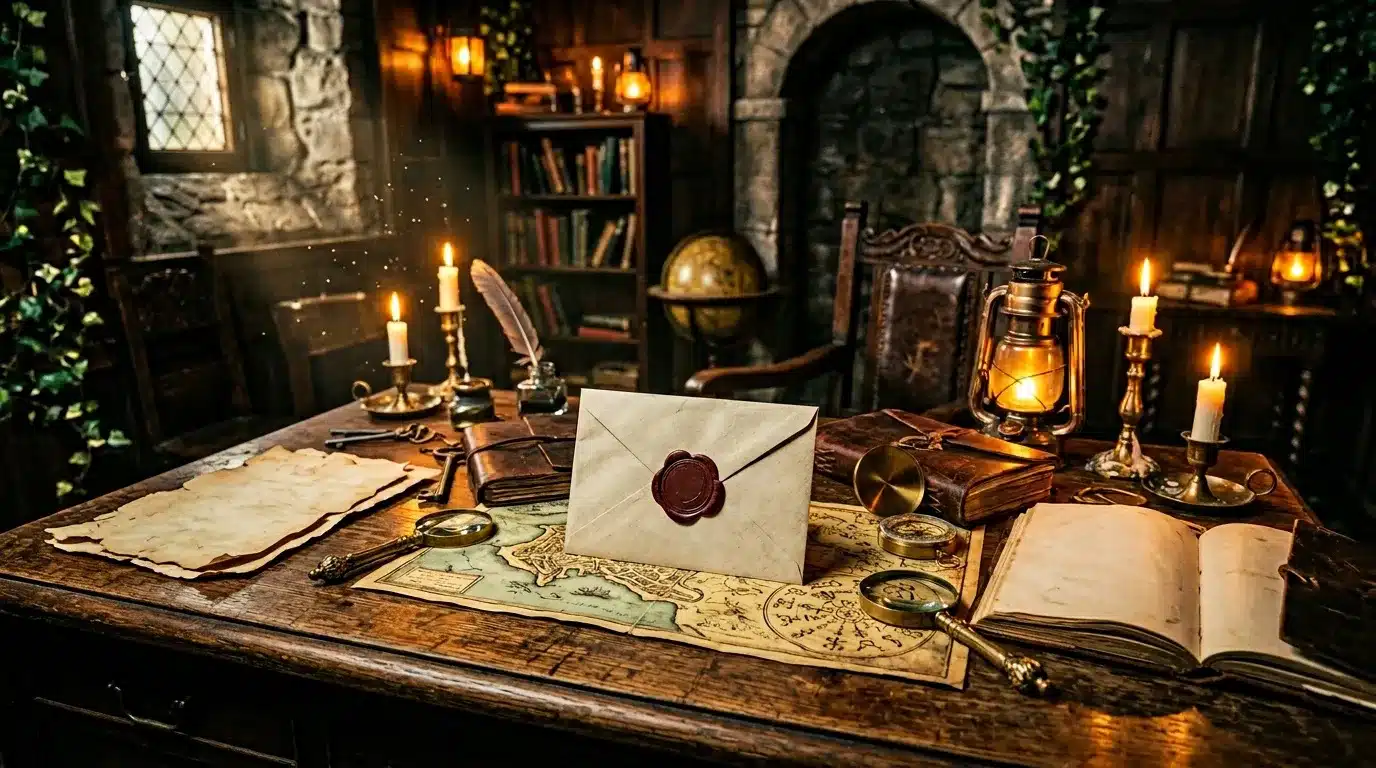 Bureau ancien avec lettres, bougies et globe terrestre illuminés