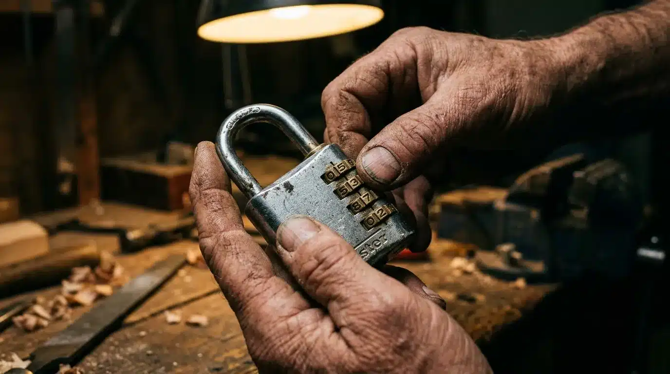 Main tenant un cadenas à chiffres dans un atelier artisanal