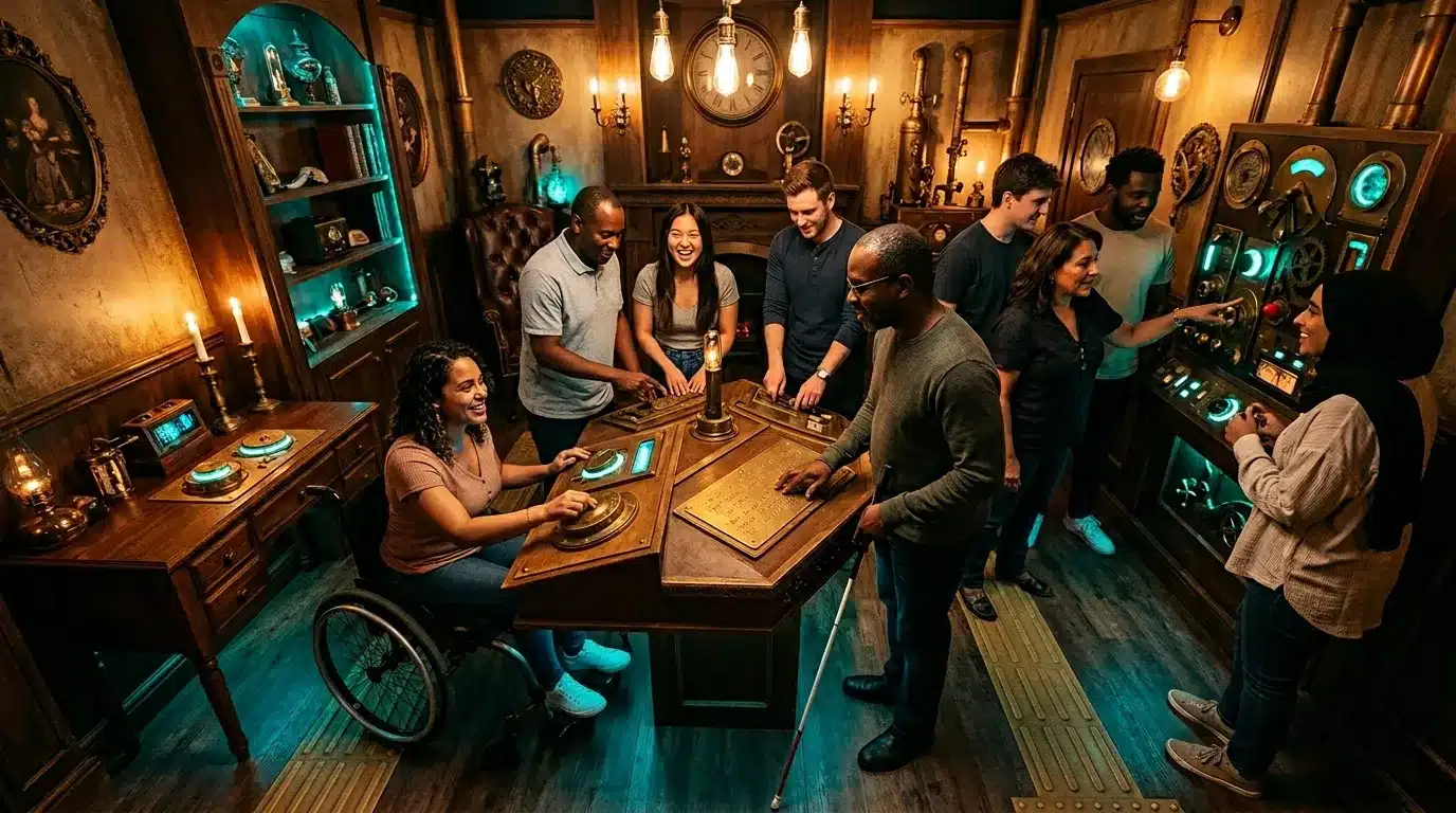 Groupe diversifié explorant une salle steampunk futuriste ensemble