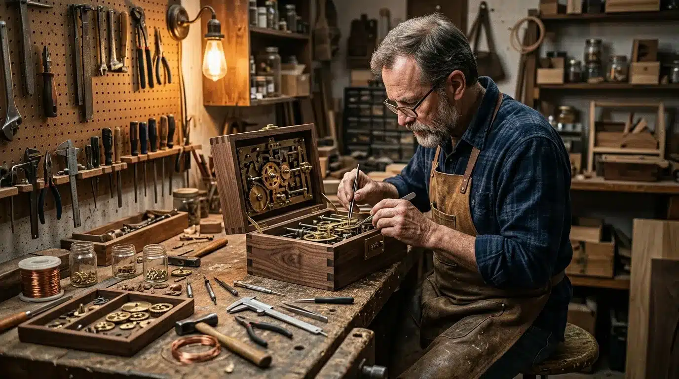 Artisan horloger assembling brass gears and mechanisms in workshop