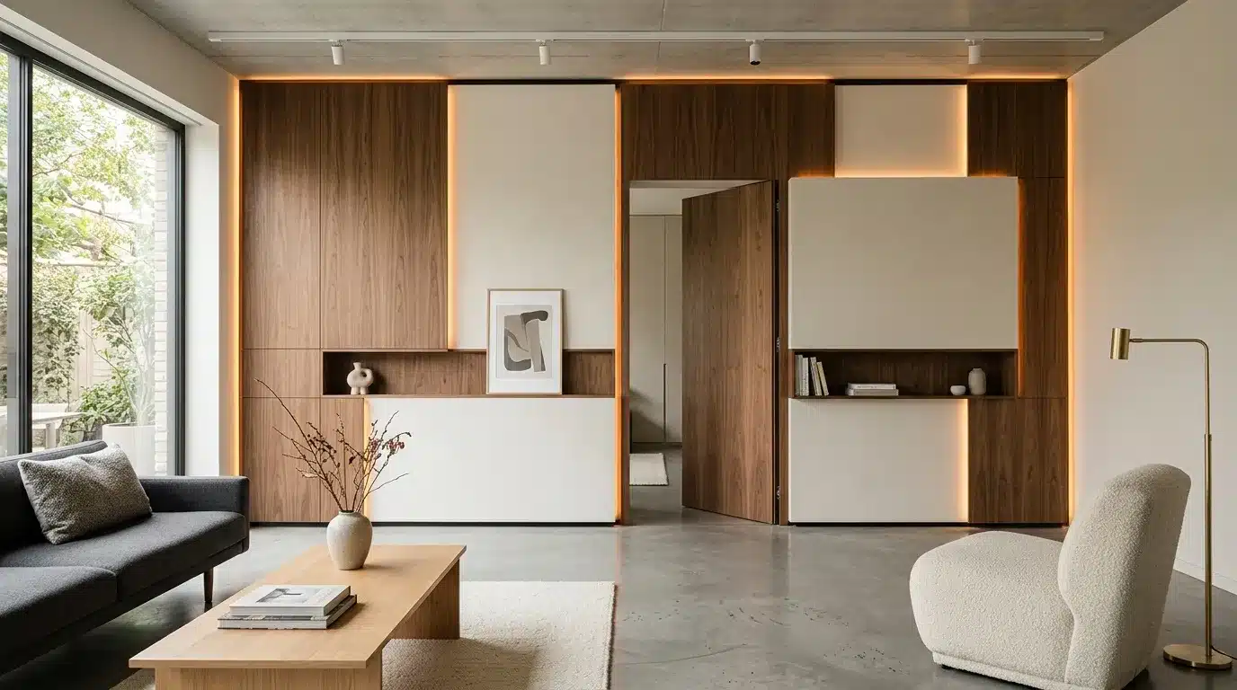 Salon contemporain avec mobilier design et façades en bois