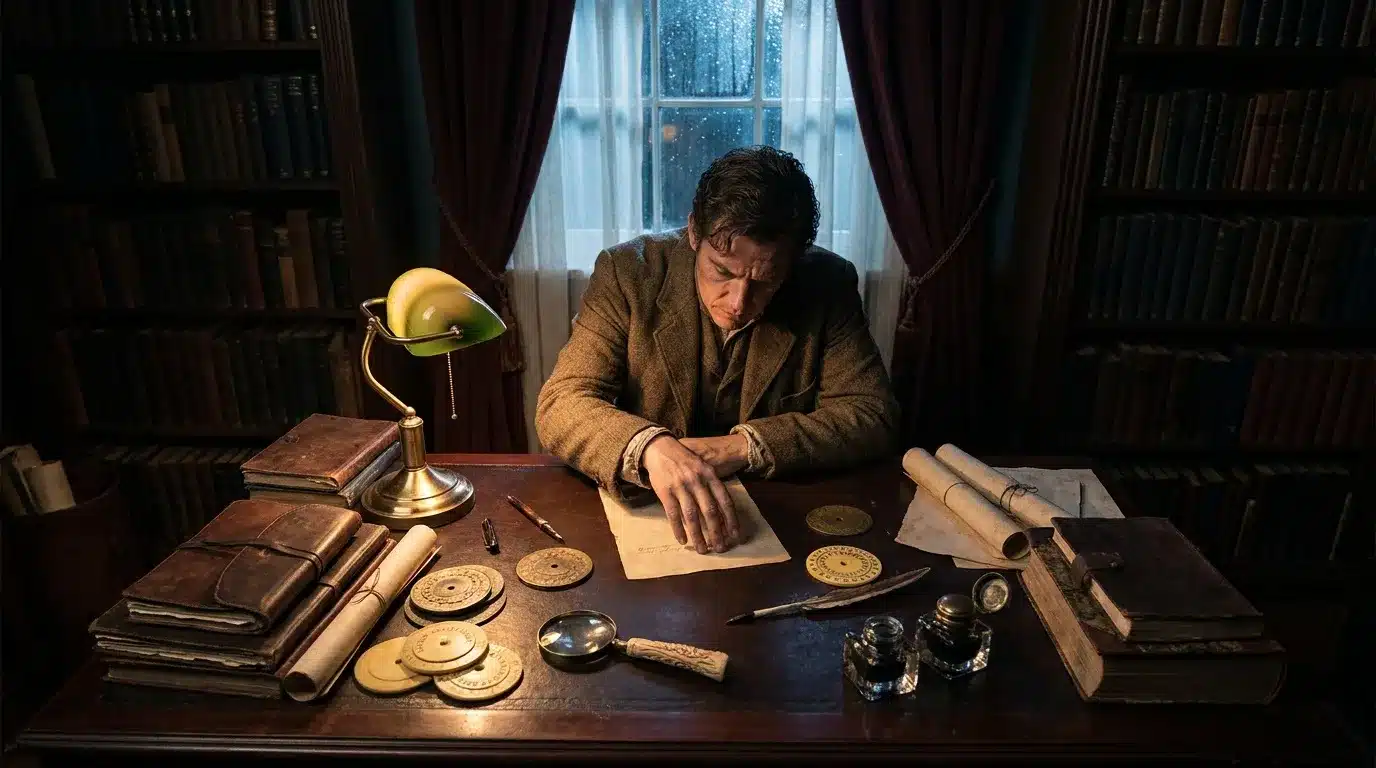 Homme travaillant avec instruments astronomiques anciens à son bureau