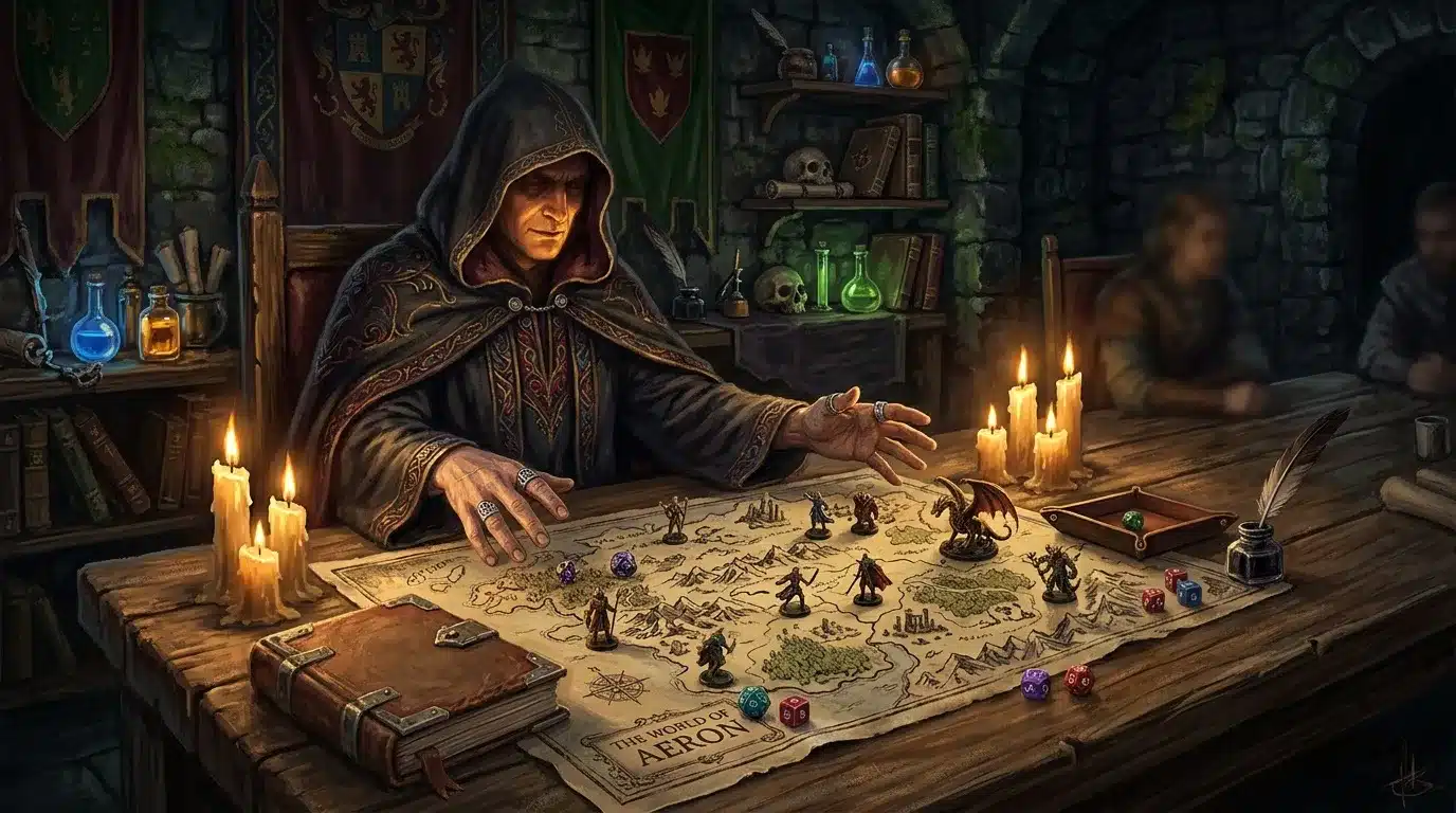 Mage en robe noire dirigeant une partie de jeu de plateau fantastique
