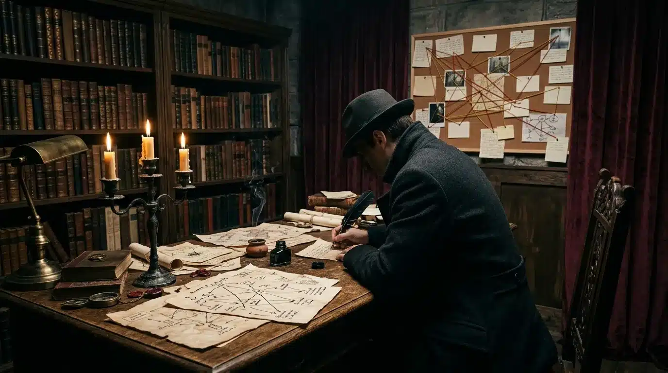 Homme travaillant sur des plans à la lumière des bougies