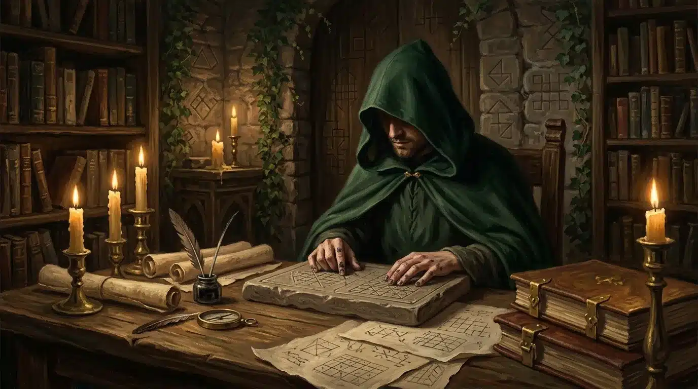 Homme hooded étudie des symboles mystiques à la lumière des bougies