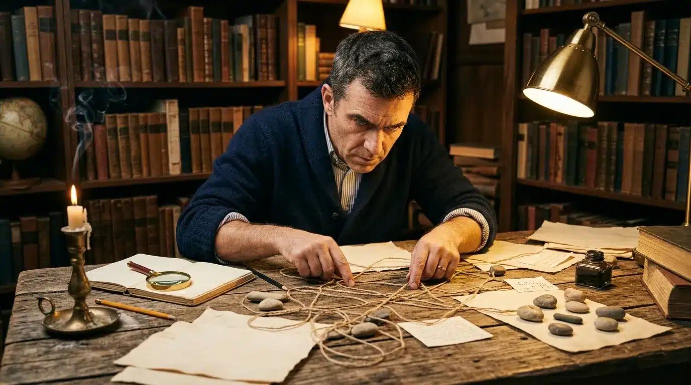 Homme en bibliothèque examine des fossiles et documents anciens