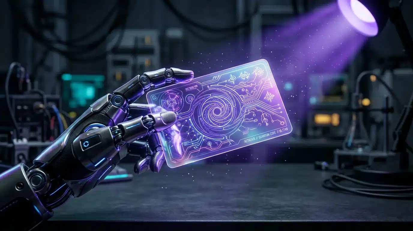 Bras robot futuriste tenant écran holographique luminescent violet