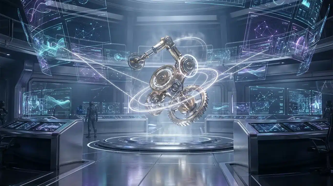 Engrenages métalliques holographiques dans un centre technologique futuriste