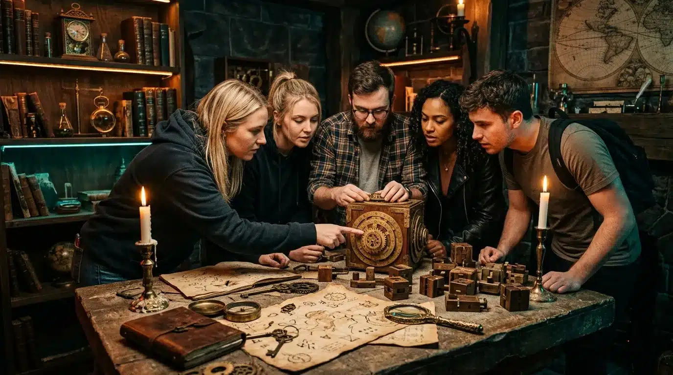 Six personnes résolvent une énigme autour d'une table steampunk