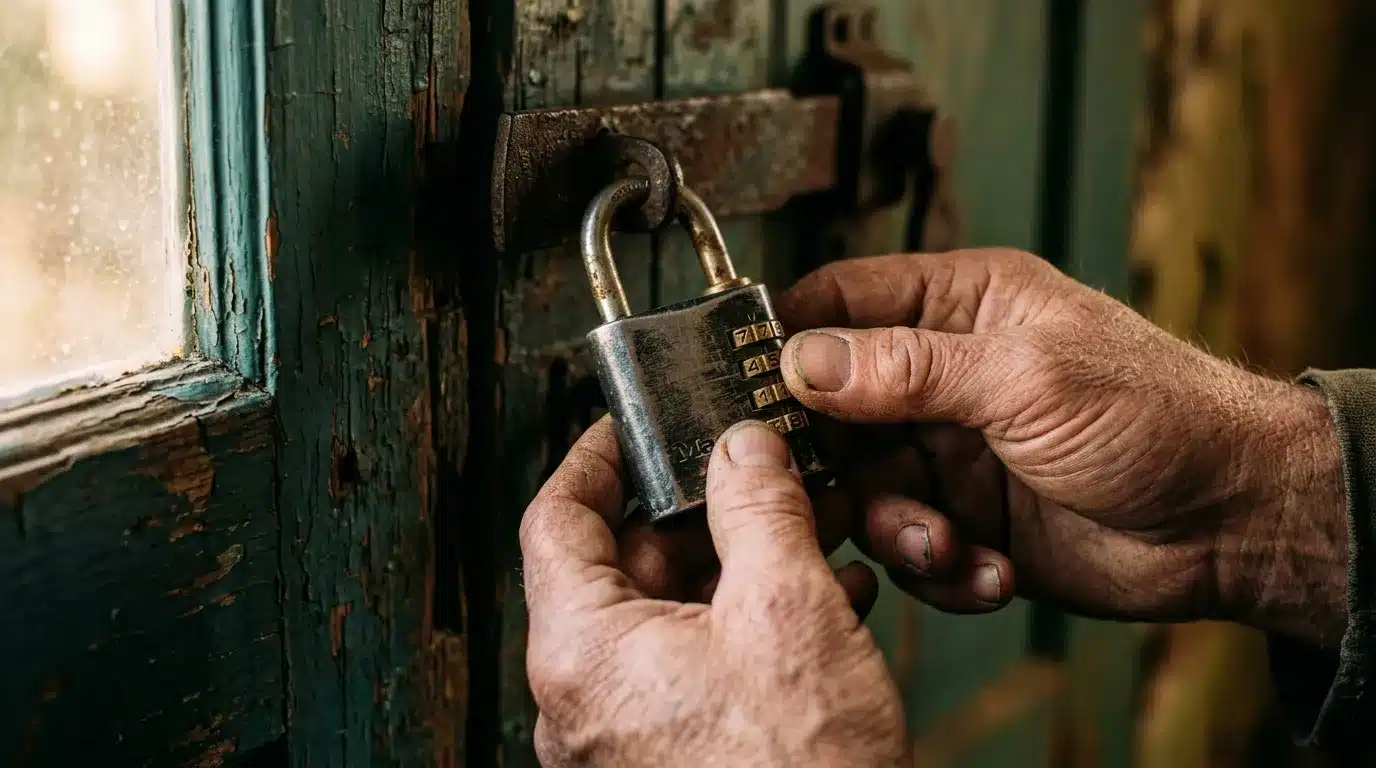 Main composant un cadenas à combinaison sur porte verte