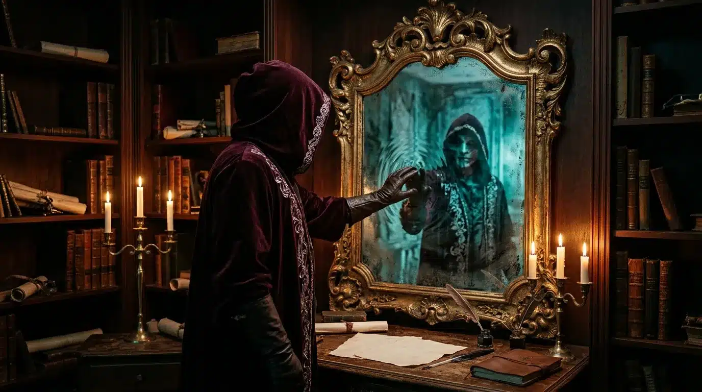 Femme en robe pourpre touchant miroir doré mystérieux