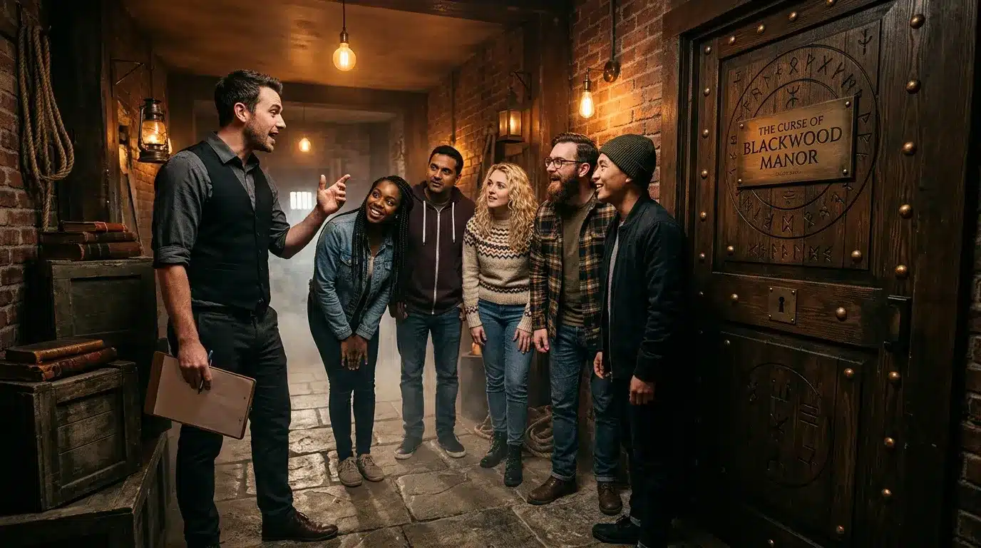 Guide présente le manoir Blackwood à un groupe de visiteurs