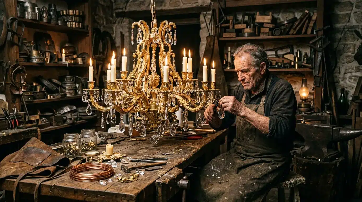 Maître artisan travaillant sur un lustre doré ancien dans son atelier.