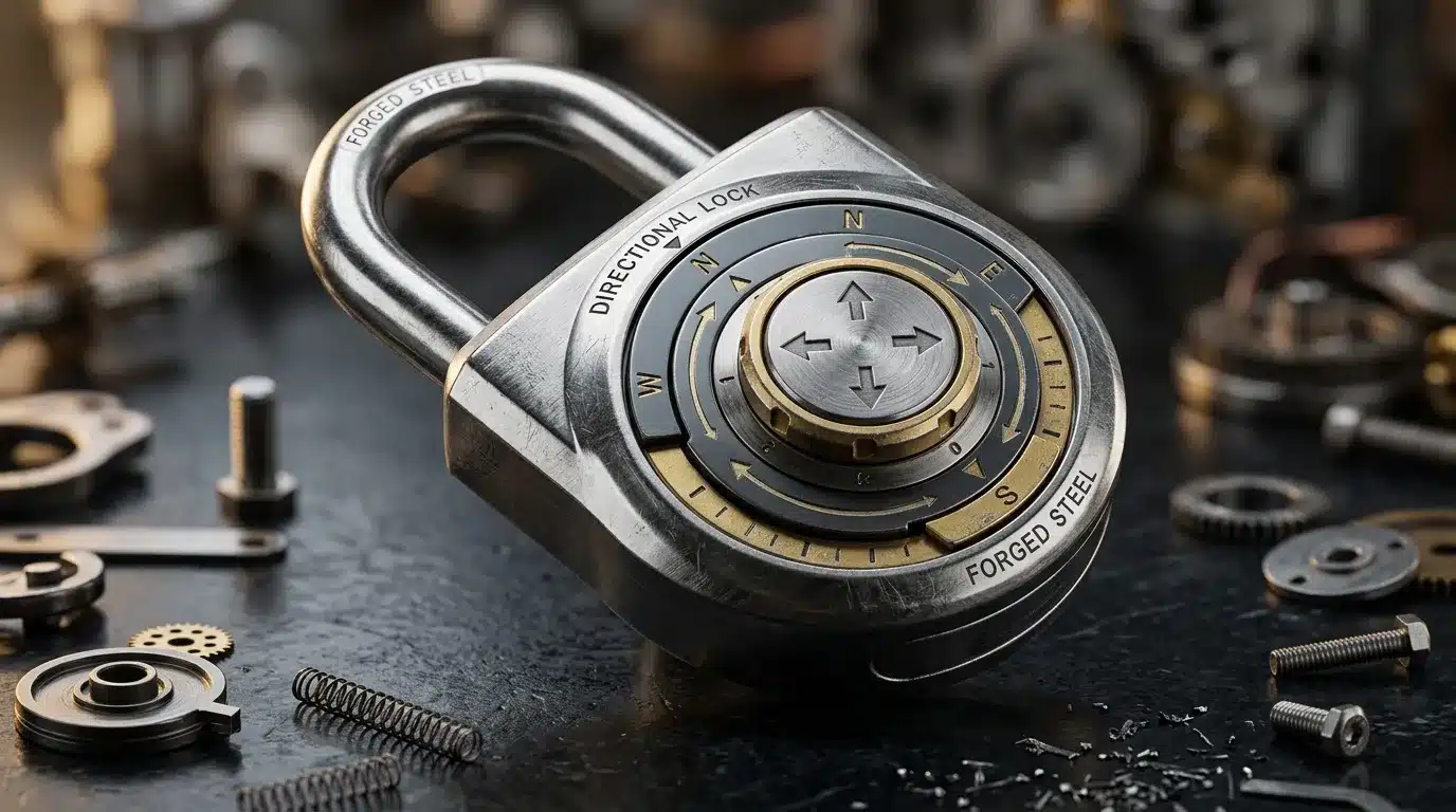 Cadenas en acier forgé avec mécanisme directionnel et composants métalliques.