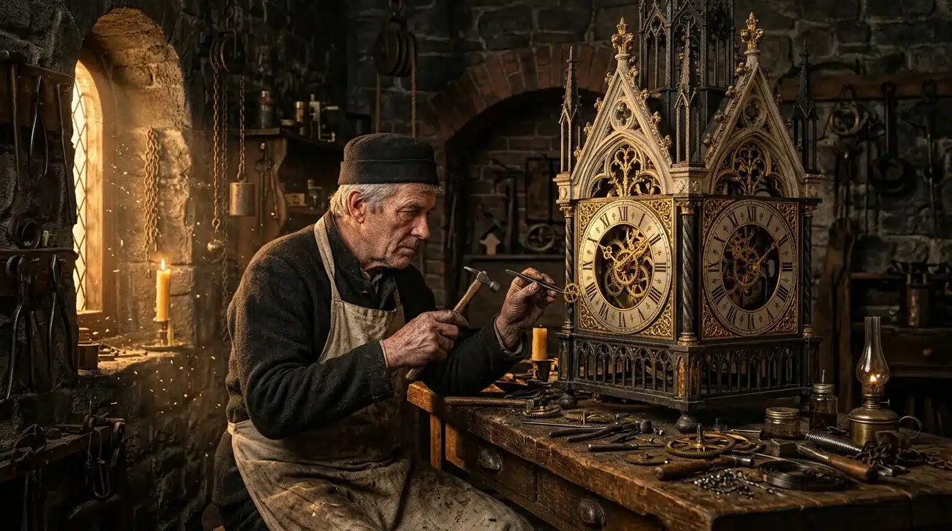 Artisan âgé réparant une horloge gothique ornementée dans son atelier