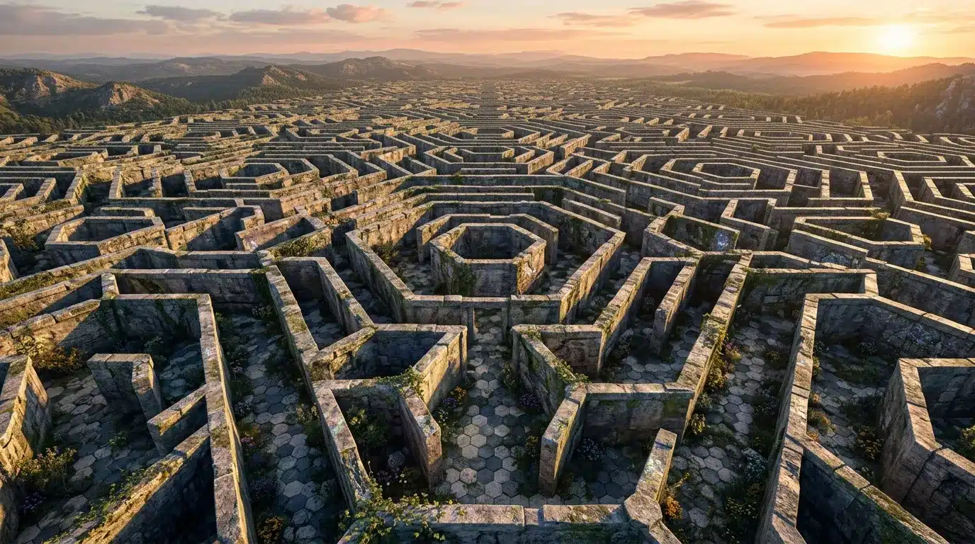 Vaste labyrinthe de murs de pierre avec montagnes en arrière-plan