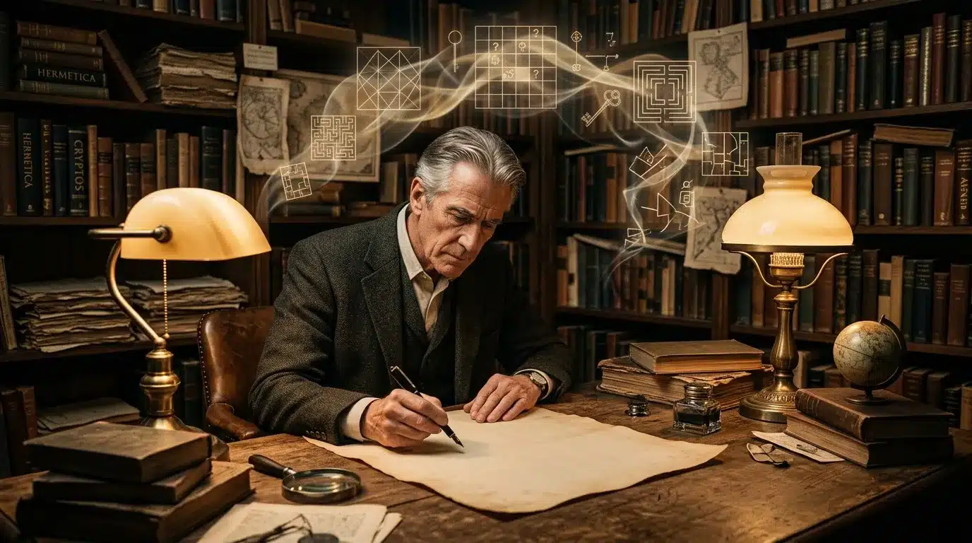 Homme écrivant à son bureau dans une bibliothèque ancienne
